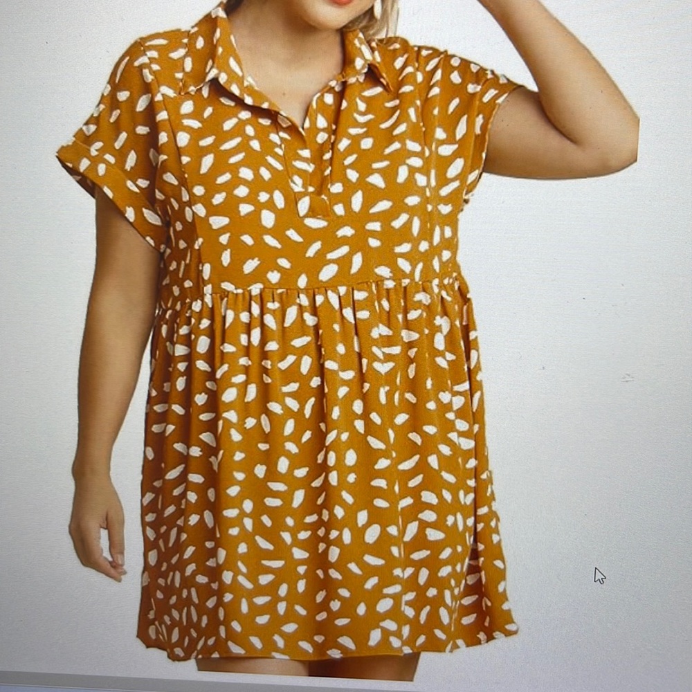 Umgee Ochre Dress Yellow New V Neck Collard New Dalmatian print